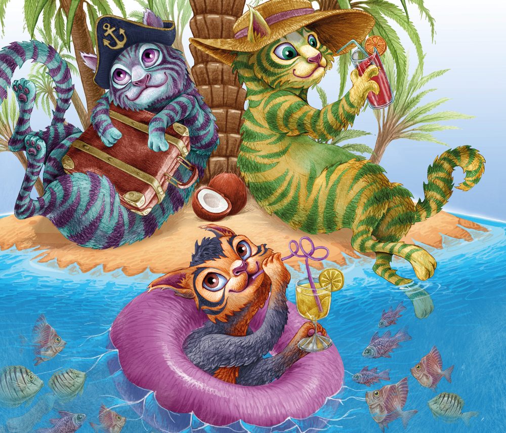 Grafika spektaklu przedstawiająca 3 koty na wyspie