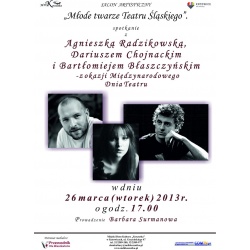 Plakat promujący spotkanie z "Młodymi twarzami Teatru Śląskiego"