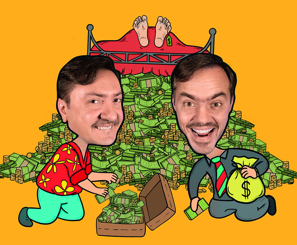 Grafika przedstawiająca dwie karykaturalne postacie wśród pieniędzy